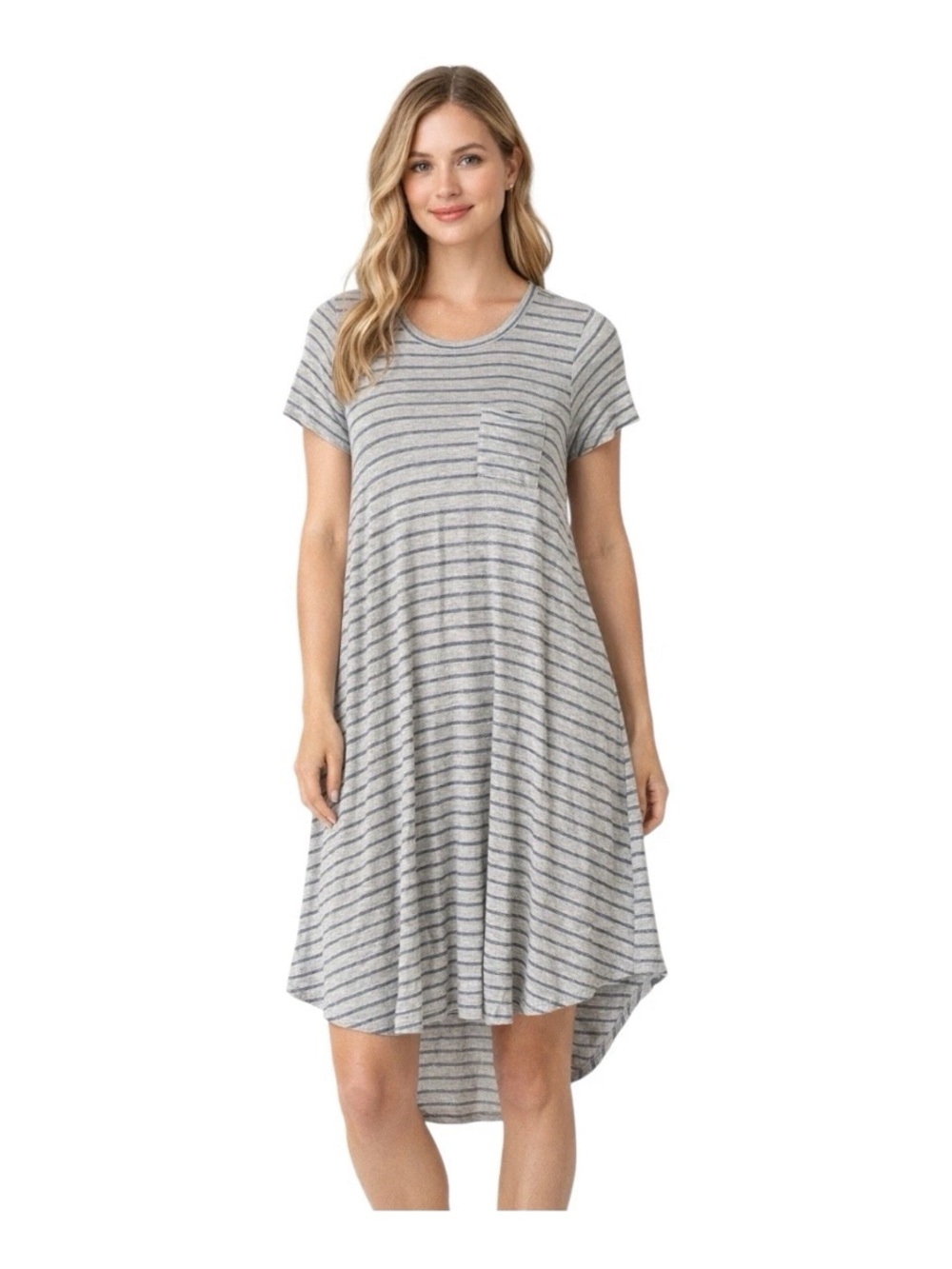 LuLaRoe Womens XXS Carly Swing Dress Dusty Blue/Gray Striped Ribbed Pocket Hi-Lo